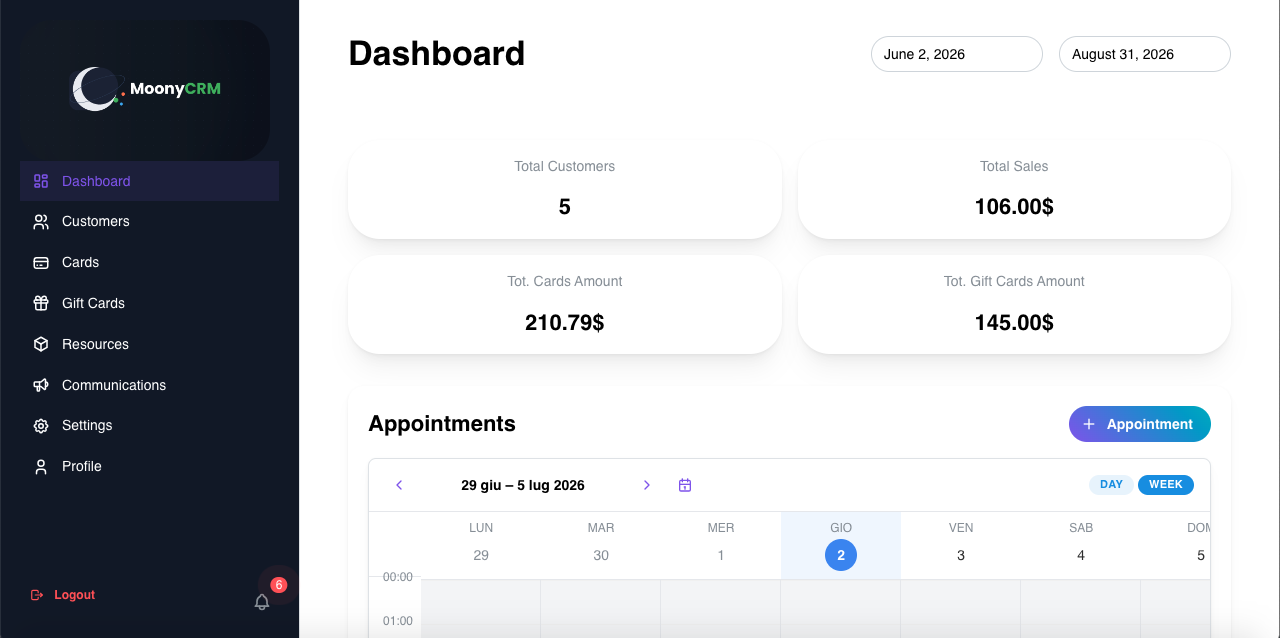 MoonyCRM dashboard